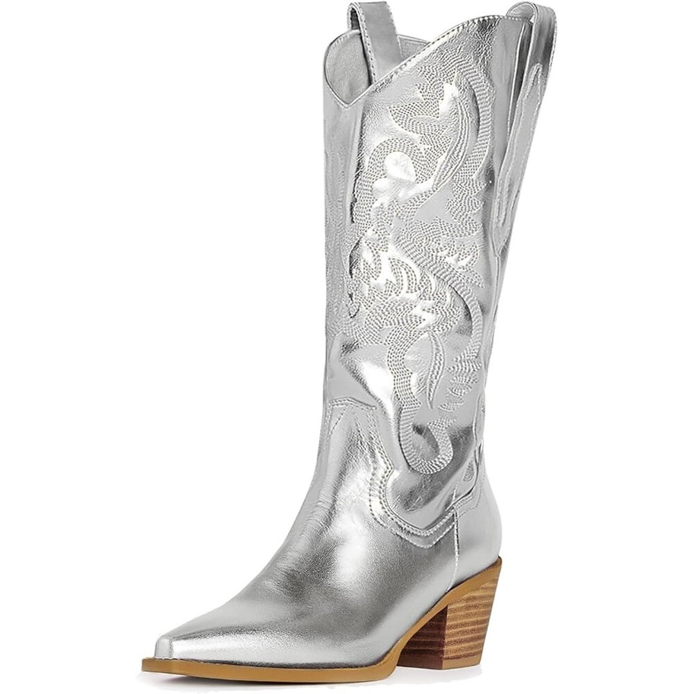 ✨ Women's Silver Cowgirl Embroidered Cowboy Chunky Block Heel Western Boots